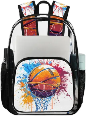 Basketball Heavy Duty Clear Backpack Watercolor Basketball Large See Through Backpacks PVC Transparent Backpack Clear Bag for Women Men Security Stadium Work Travel Events Concert