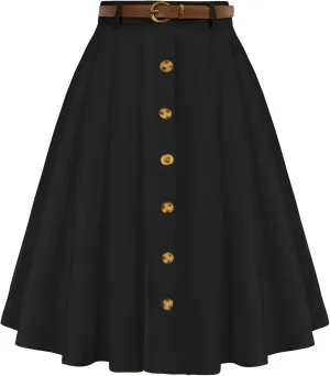 Belle Poque Women's A Line Flared Midi Skirt Vintage Stretch High Waisted Button Down Swing Skirt with Pockets and Belts