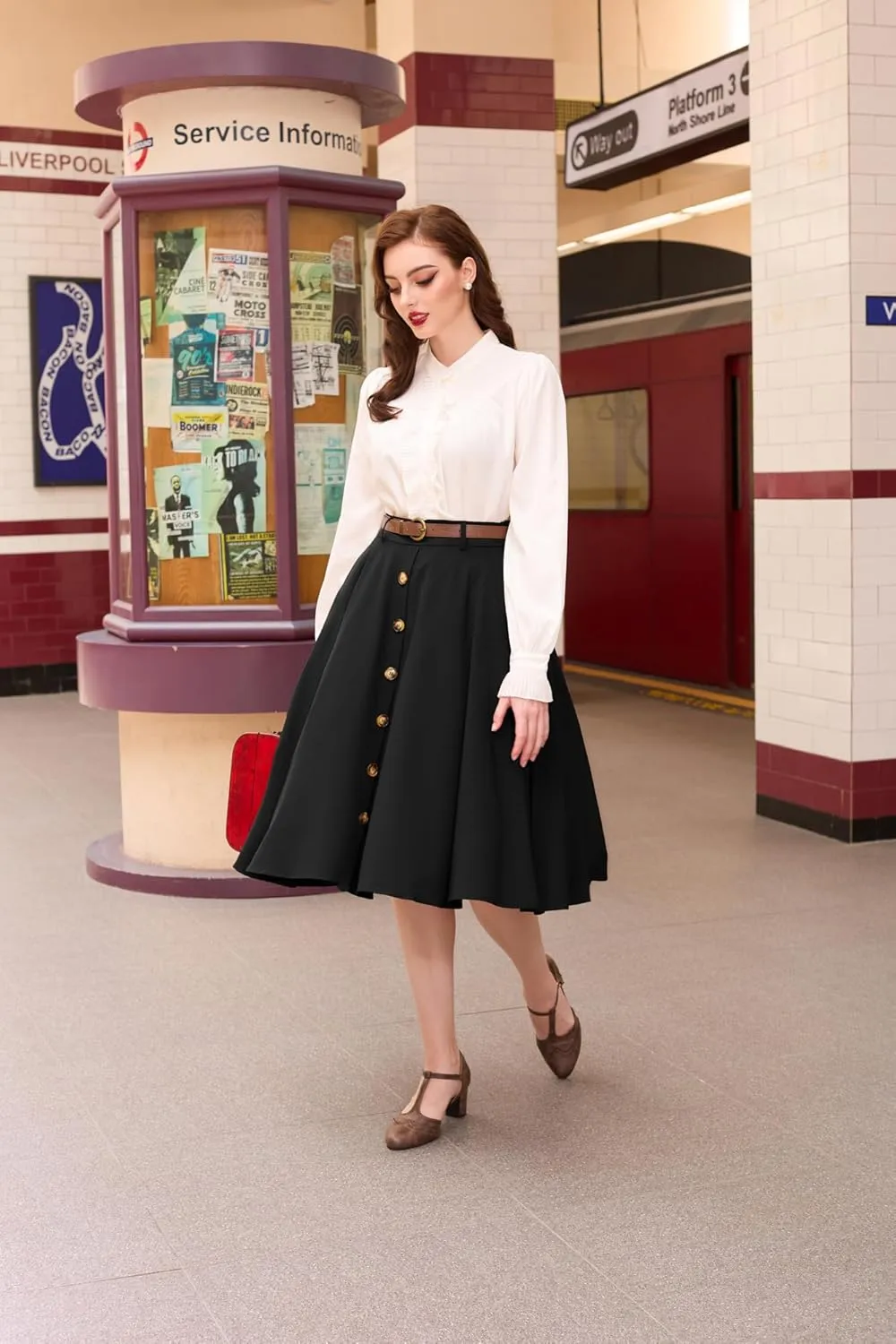 Belle Poque Women's A Line Flared Midi Skirt Vintage Stretch High Waisted Button Down Swing Skirt with Pockets and Belts