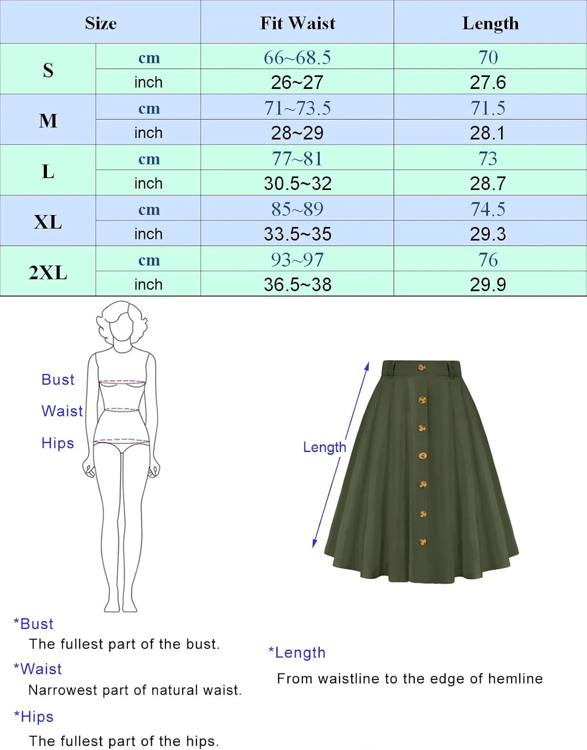 Belle Poque Women's A Line Flared Midi Skirt Vintage Stretch High Waisted Button Down Swing Skirt with Pockets and Belts