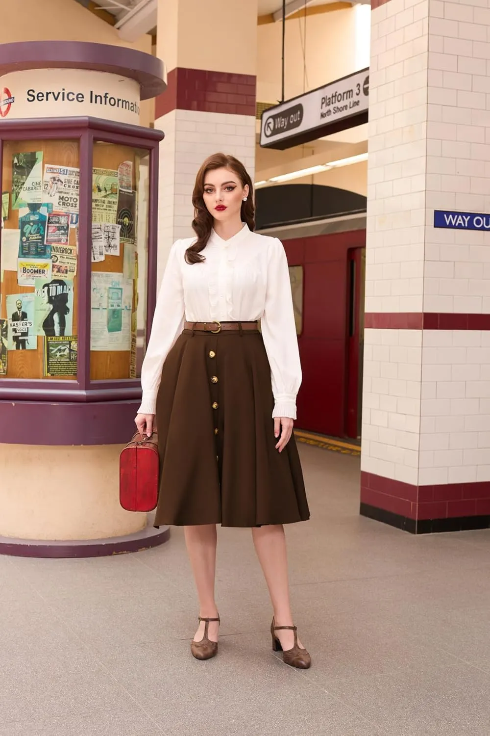 Belle Poque Women's A Line Flared Midi Skirt Vintage Stretch High Waisted Button Down Swing Skirt with Pockets and Belts