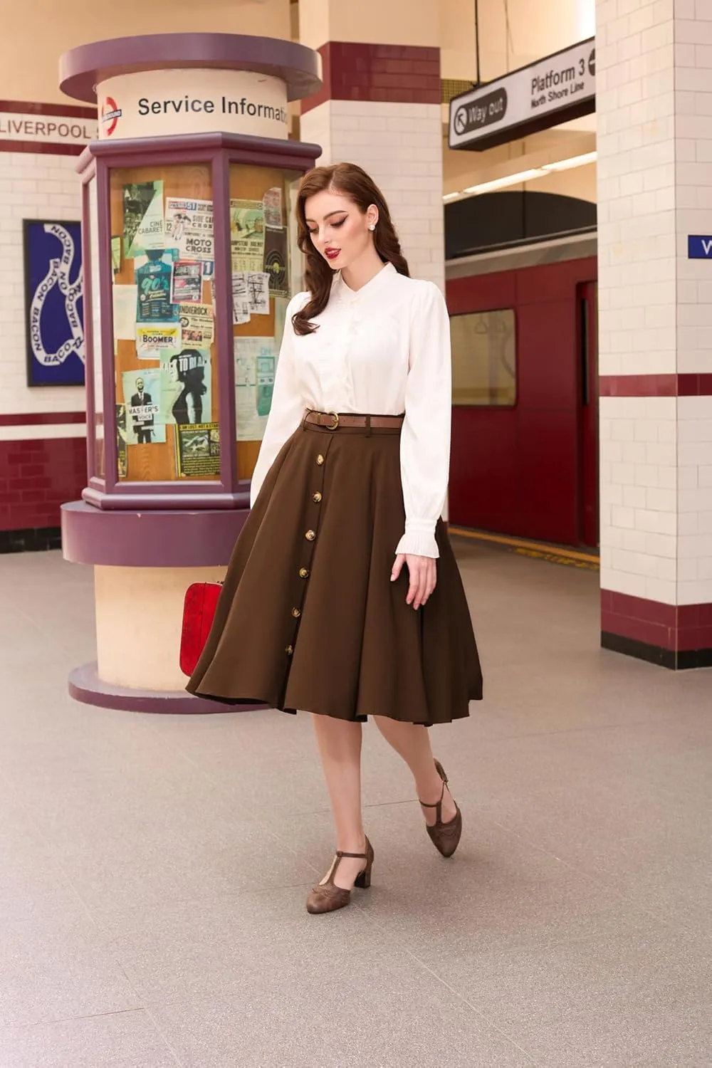 Belle Poque Women's A Line Flared Midi Skirt Vintage Stretch High Waisted Button Down Swing Skirt with Pockets and Belts