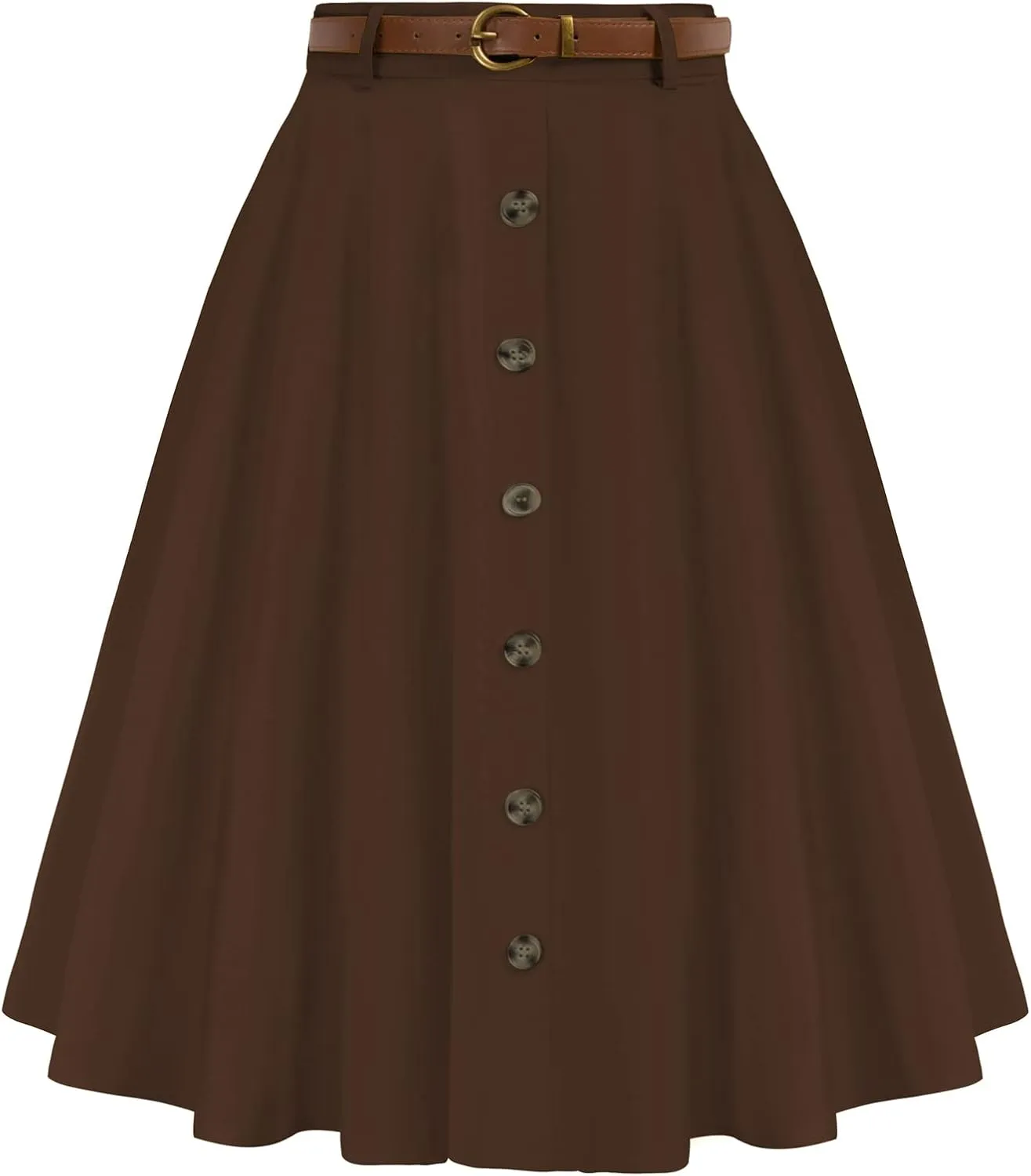 Belle Poque Women's A Line Flared Midi Skirt Vintage Stretch High Waisted Button Down Swing Skirt with Pockets and Belts