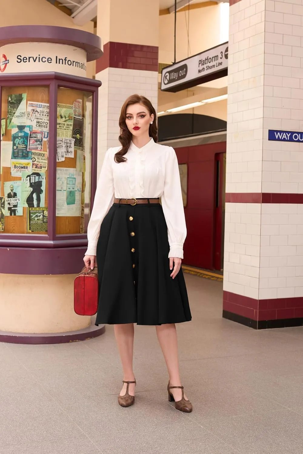 Belle Poque Women's A Line Flared Midi Skirt Vintage Stretch High Waisted Button Down Swing Skirt with Pockets and Belts