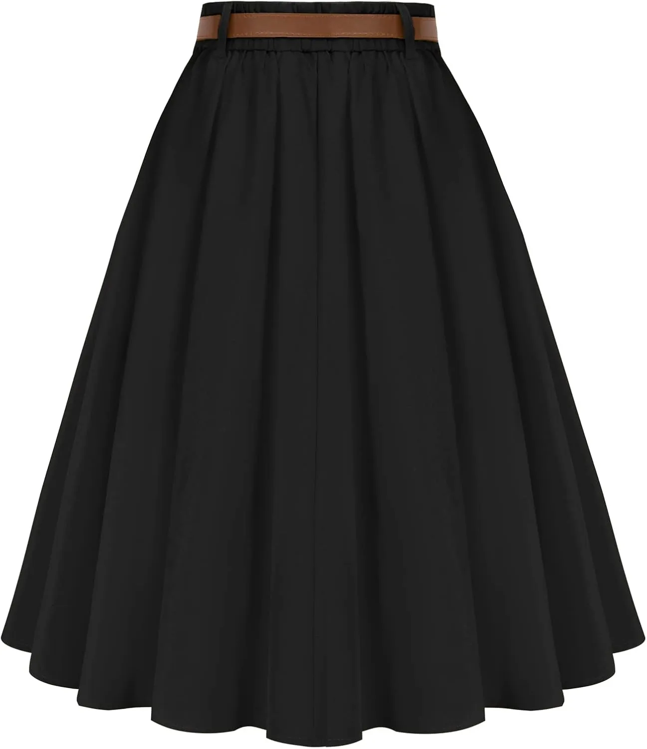 Belle Poque Women's A Line Flared Midi Skirt Vintage Stretch High Waisted Button Down Swing Skirt with Pockets and Belts