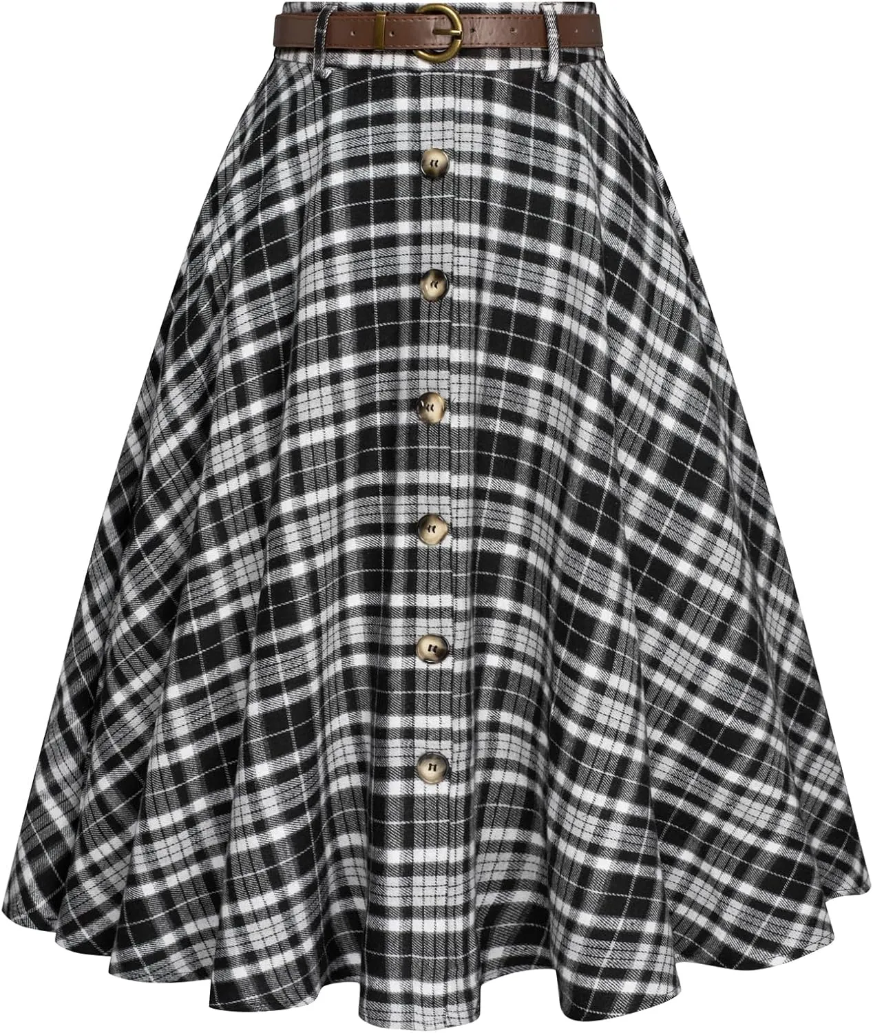 Belle Poque Women's Plaid A-line Skirt Vintage Pleated Flared Midi Skirts Fall Winter Skirts with Pockets & Belts