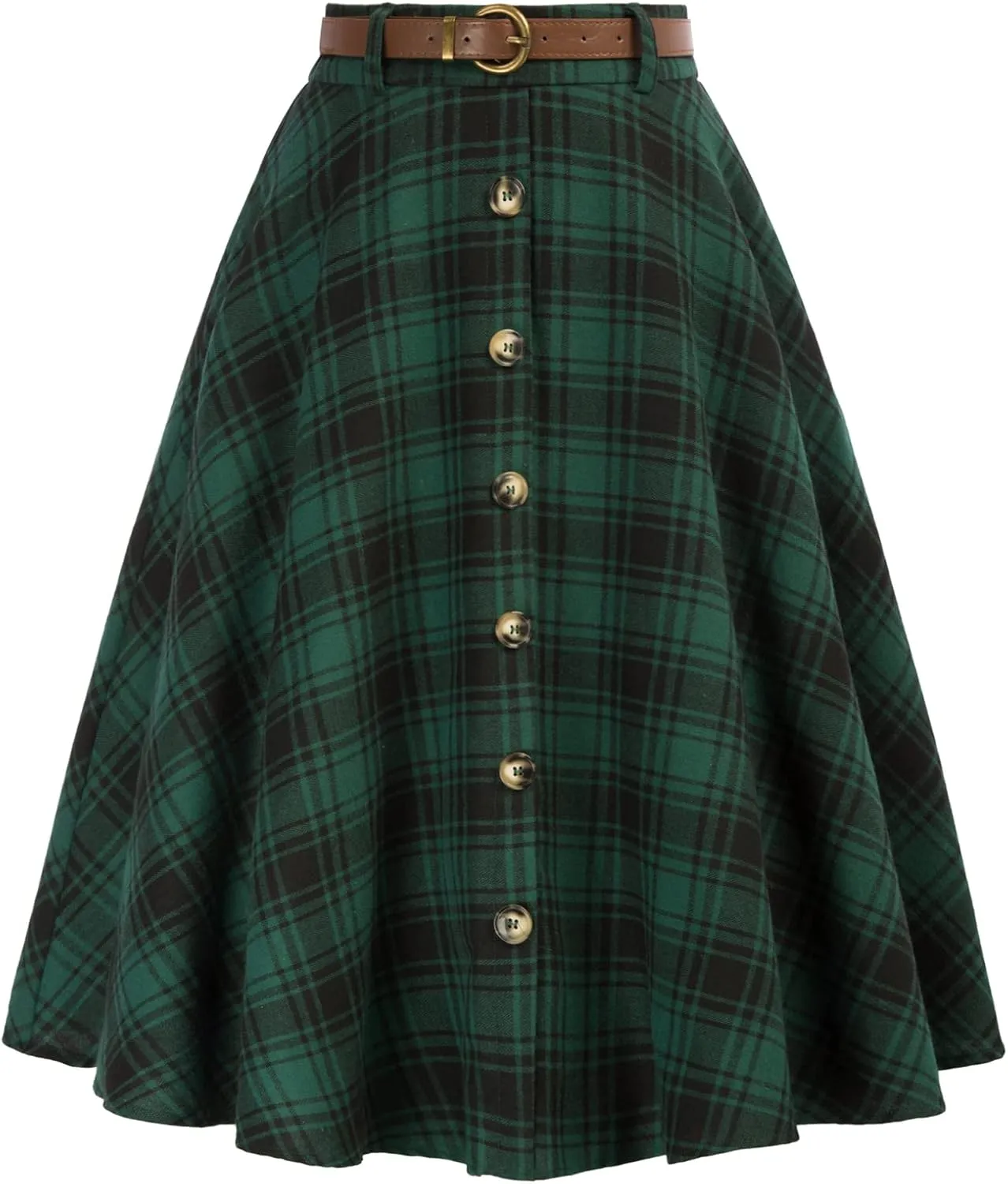 Belle Poque Women's Plaid A-line Skirt Vintage Pleated Flared Midi Skirts Fall Winter Skirts with Pockets & Belts