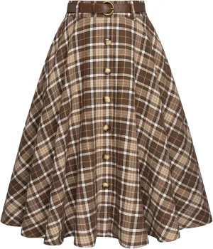 Belle Poque Women's Plaid A-line Skirt Vintage Pleated Flared Midi Skirts Fall Winter Skirts with Pockets & Belts