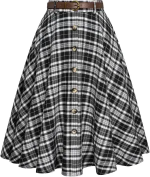 Belle Poque Women's Plaid A-line Skirt Vintage Pleated Flared Midi Skirts Fall Winter Skirts with Pockets & Belts