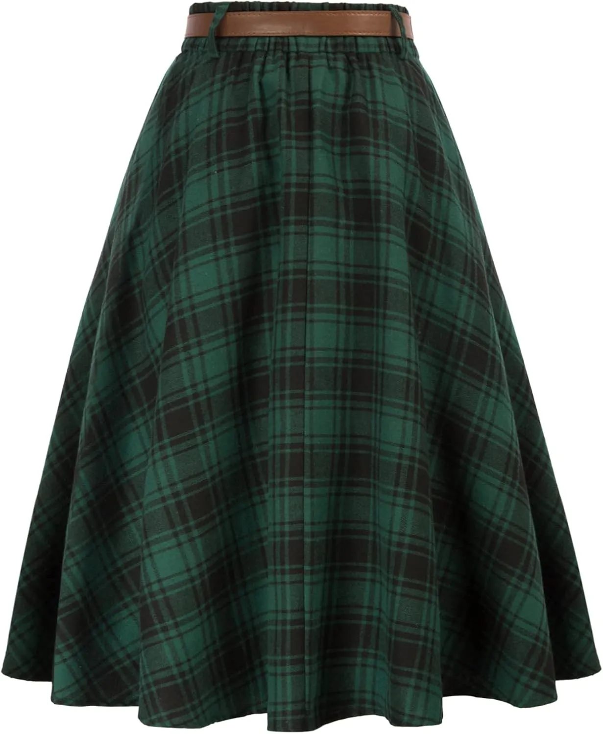Belle Poque Women's Plaid A-line Skirt Vintage Pleated Flared Midi Skirts Fall Winter Skirts with Pockets & Belts