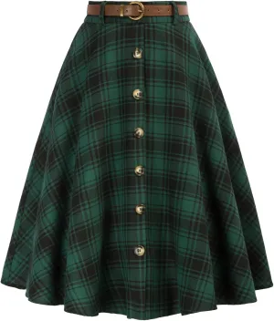 Belle Poque Women's Plaid A-line Skirt Vintage Pleated Flared Midi Skirts Fall Winter Skirts with Pockets & Belts