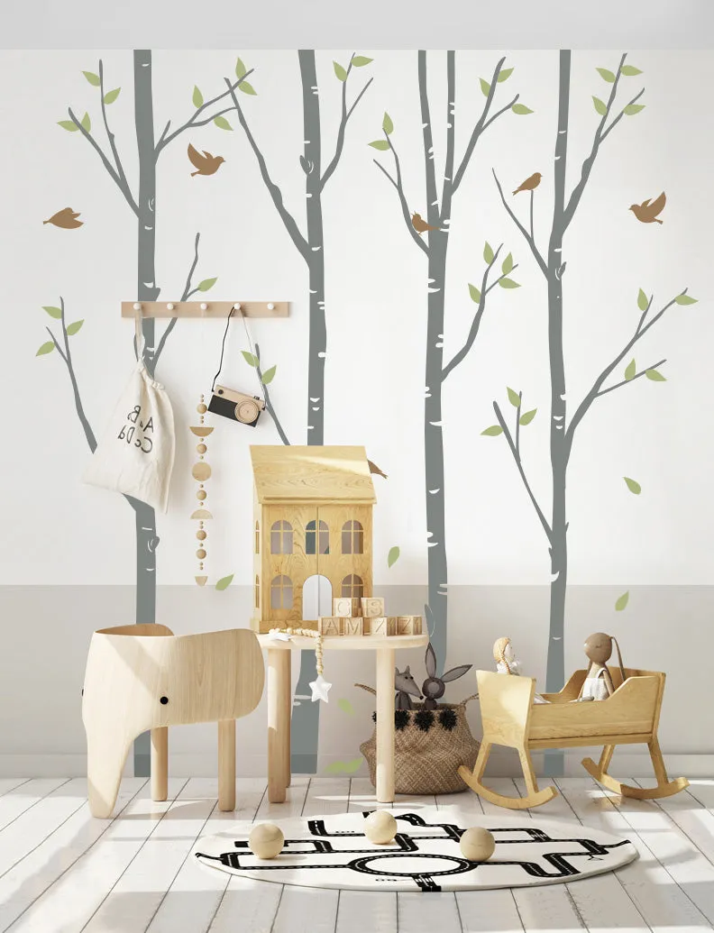 Birch Trees And Birds Wall Decal