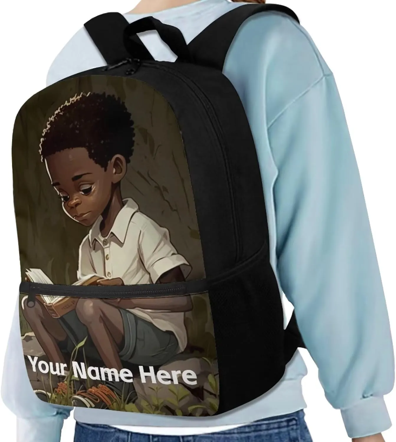 Black Boy Backpack School Kids Boys Name Custom Bookbag Ages 8-10 10-12 4-6 Personalized Black School Bag Elementary Middle School Backpacks Afro 17inch Schoolbag