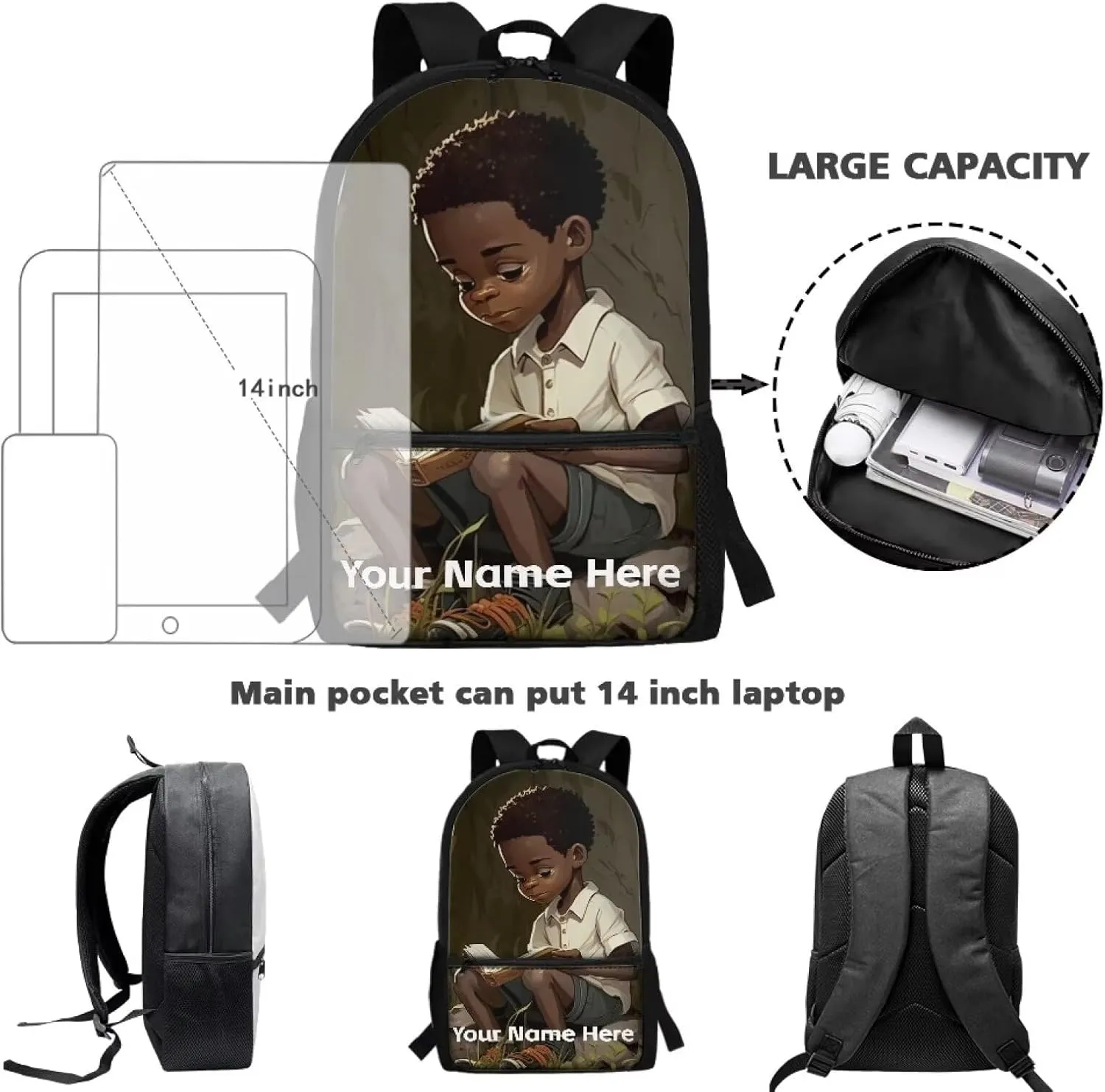 Black Boy Backpack School Kids Boys Name Custom Bookbag Ages 8-10 10-12 4-6 Personalized Black School Bag Elementary Middle School Backpacks Afro 17inch Schoolbag