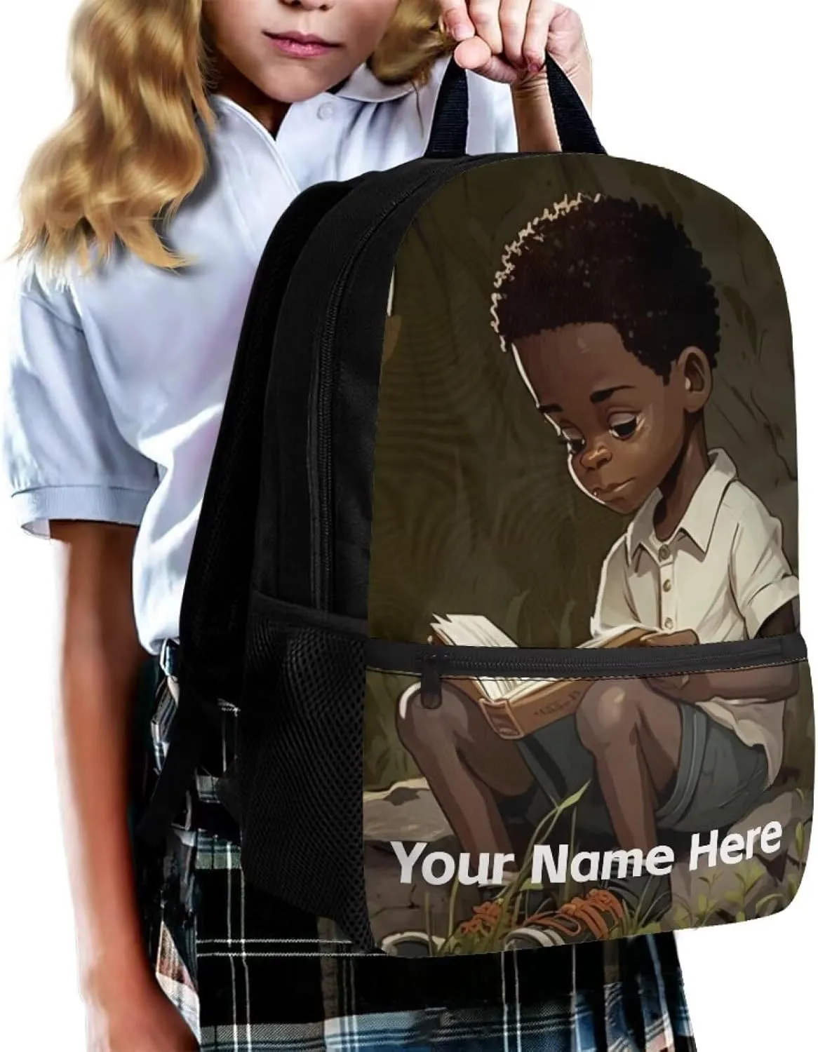 Black Boy Backpack School Kids Boys Name Custom Bookbag Ages 8-10 10-12 4-6 Personalized Black School Bag Elementary Middle School Backpacks Afro 17inch Schoolbag