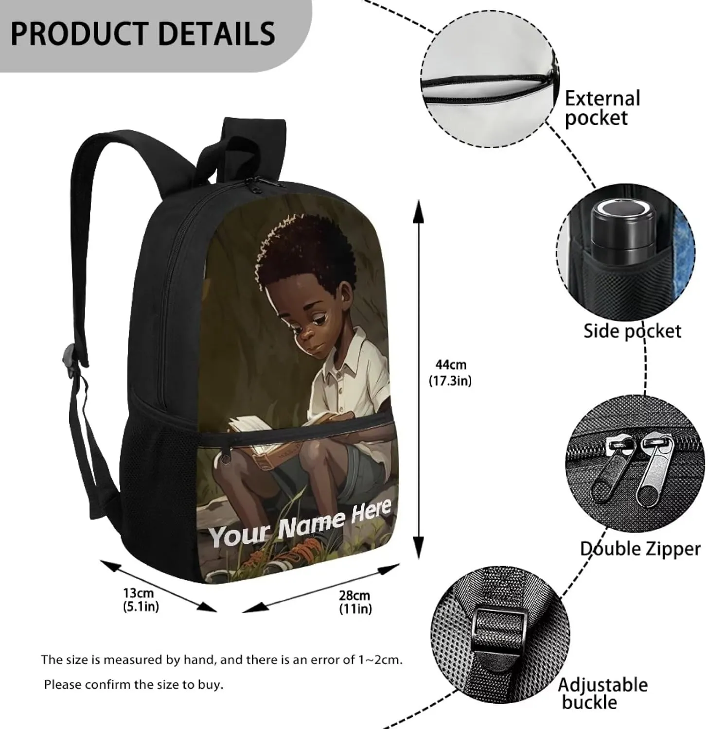 Black Boy Backpack School Kids Boys Name Custom Bookbag Ages 8-10 10-12 4-6 Personalized Black School Bag Elementary Middle School Backpacks Afro 17inch Schoolbag