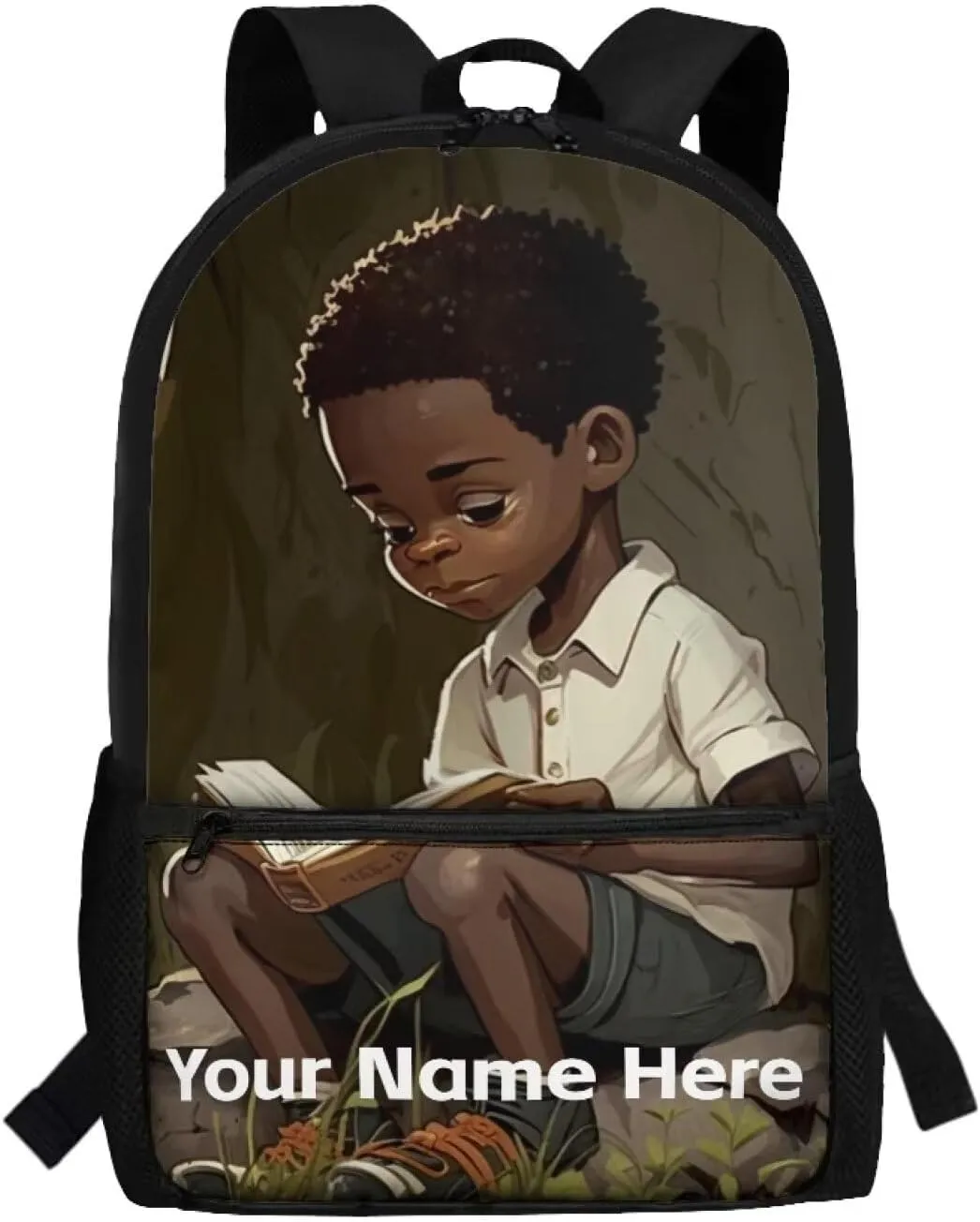 Black Boy Backpack School Kids Boys Name Custom Bookbag Ages 8-10 10-12 4-6 Personalized Black School Bag Elementary Middle School Backpacks Afro 17inch Schoolbag