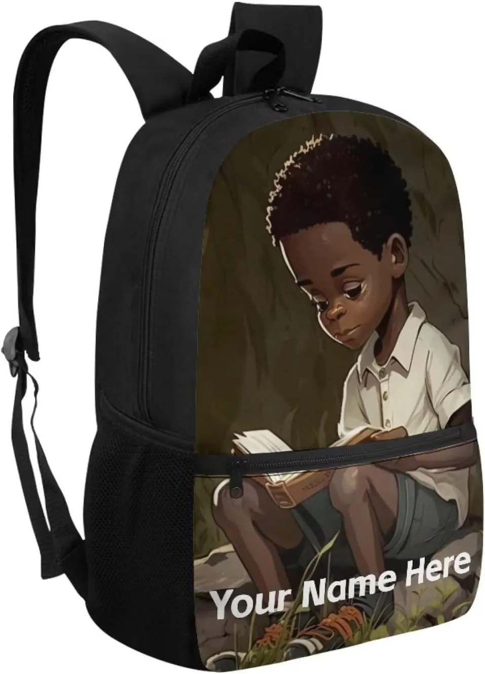Black Boy Backpack School Kids Boys Name Custom Bookbag Ages 8-10 10-12 4-6 Personalized Black School Bag Elementary Middle School Backpacks Afro 17inch Schoolbag