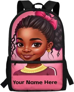 Black Girl Custom Name Backpack for Girls African Bookbag Personalized School Bags for Kids Age 6-8 8-12 Schoolbag Magic Princess Book Bag With Water Bottle Holder Afro 17inch Back Packs