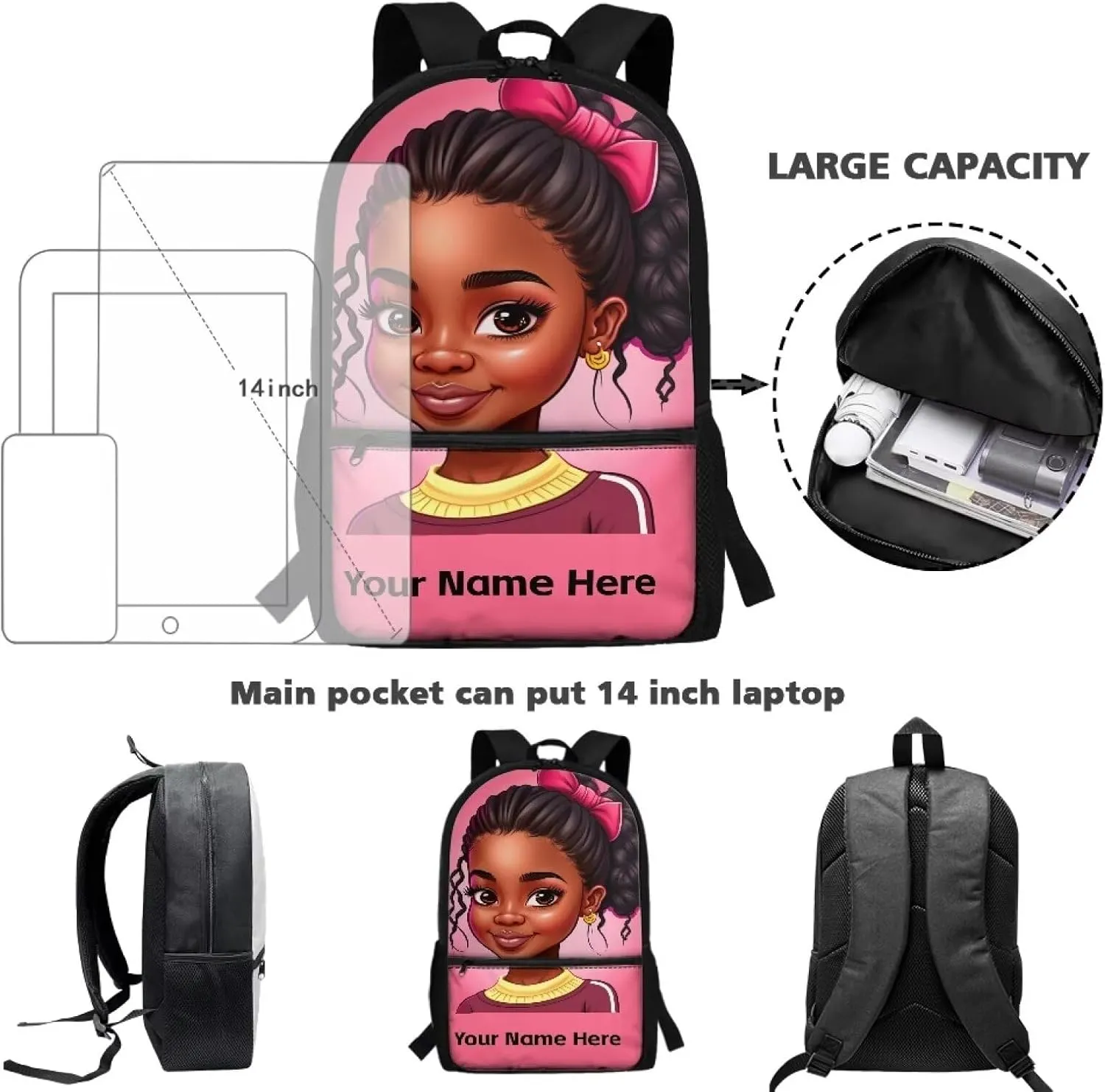 Black Girl Custom Name Backpack for Girls African Bookbag Personalized School Bags for Kids Age 6-8 8-12 Schoolbag Magic Princess Book Bag With Water Bottle Holder Afro 17inch Back Packs