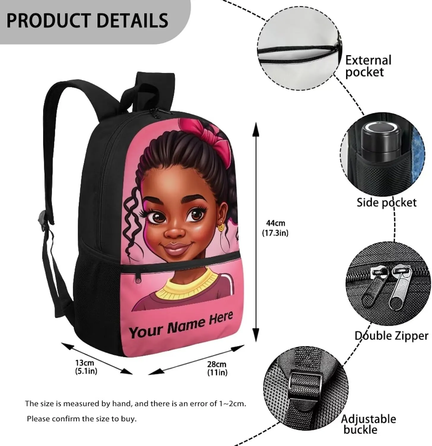Black Girl Custom Name Backpack for Girls African Bookbag Personalized School Bags for Kids Age 6-8 8-12 Schoolbag Magic Princess Book Bag With Water Bottle Holder Afro 17inch Back Packs