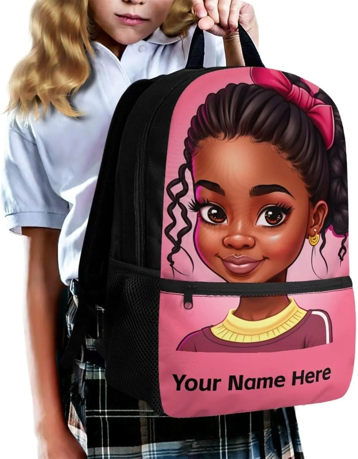 Black Girl Custom Name Backpack for Girls African Bookbag Personalized School Bags for Kids Age 6-8 8-12 Schoolbag Magic Princess Book Bag With Water Bottle Holder Afro 17inch Back Packs
