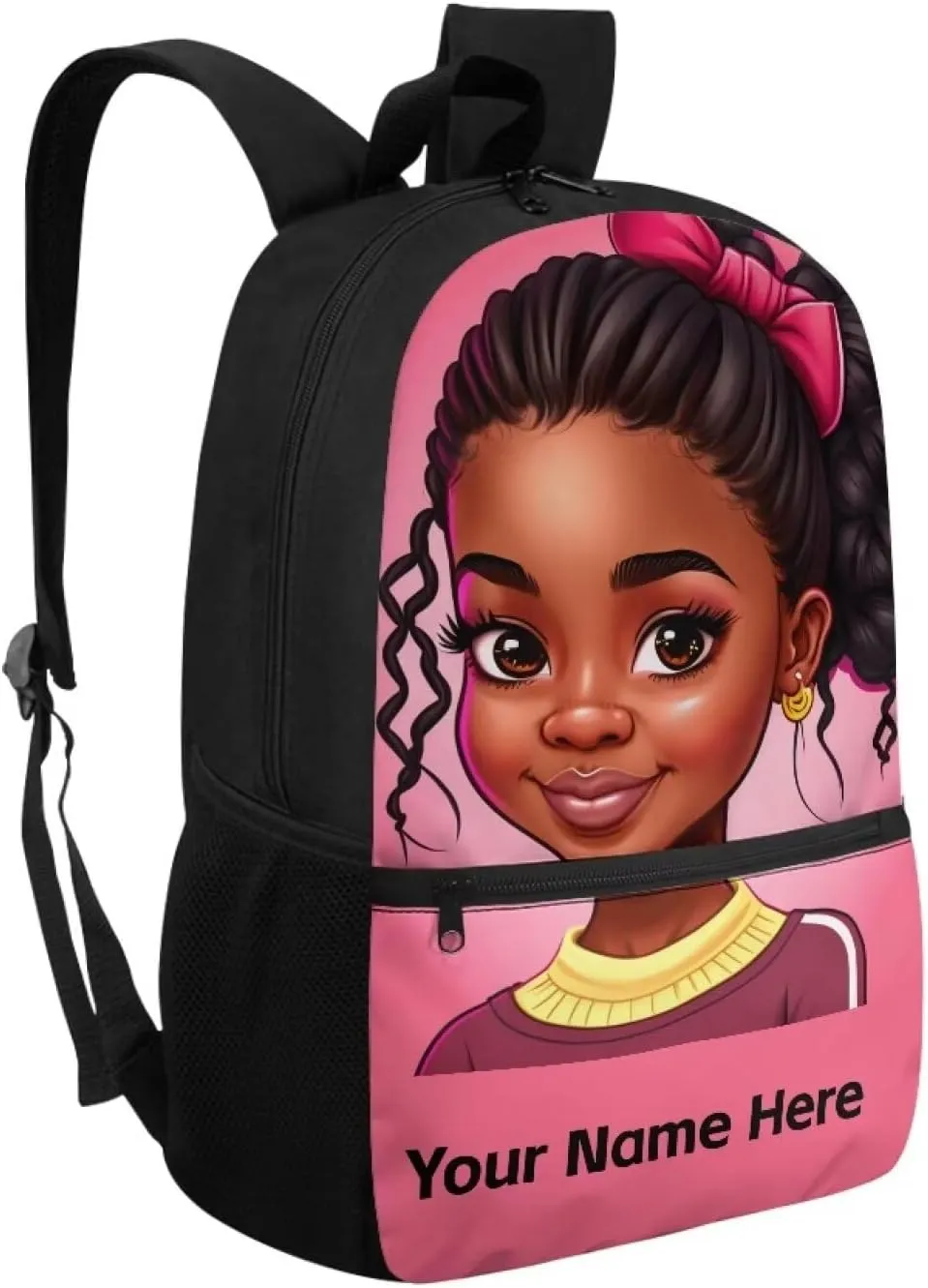 Black Girl Custom Name Backpack for Girls African Bookbag Personalized School Bags for Kids Age 6-8 8-12 Schoolbag Magic Princess Book Bag With Water Bottle Holder Afro 17inch Back Packs