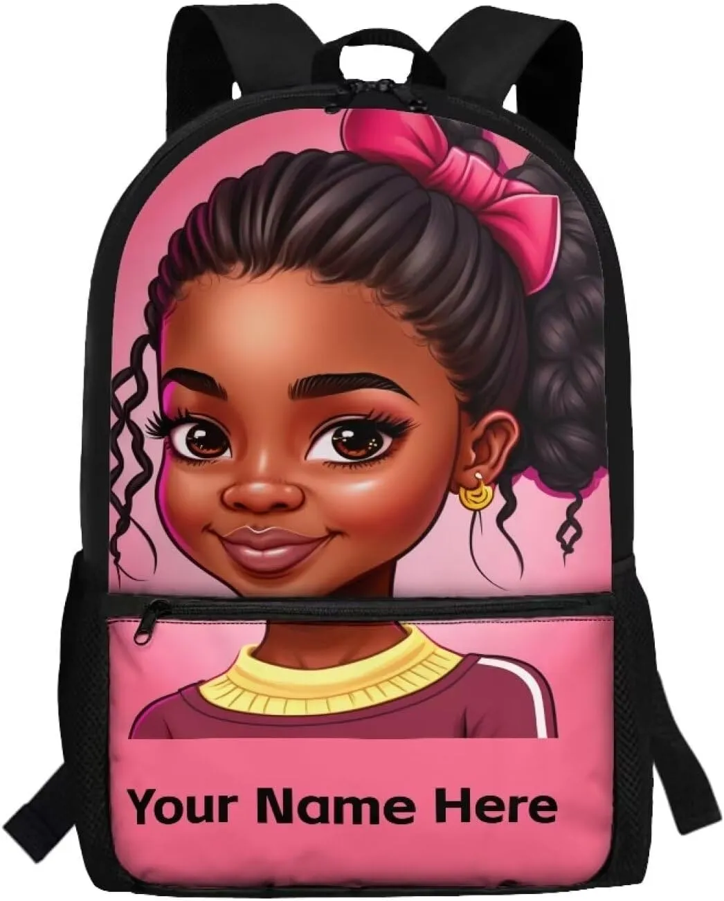 Black Girl Custom Name Backpack for Girls African Bookbag Personalized School Bags for Kids Age 6-8 8-12 Schoolbag Magic Princess Book Bag With Water Bottle Holder Afro 17inch Back Packs