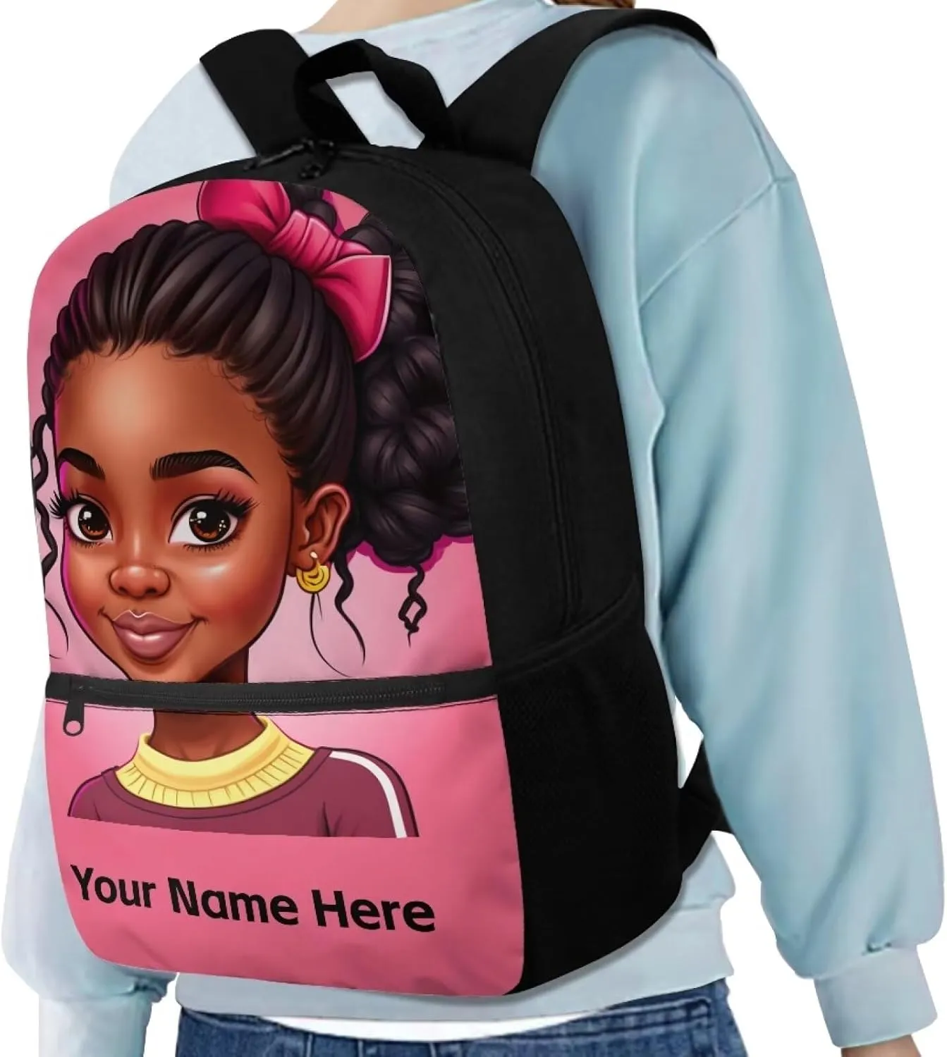 Black Girl Custom Name Backpack for Girls African Bookbag Personalized School Bags for Kids Age 6-8 8-12 Schoolbag Magic Princess Book Bag With Water Bottle Holder Afro 17inch Back Packs