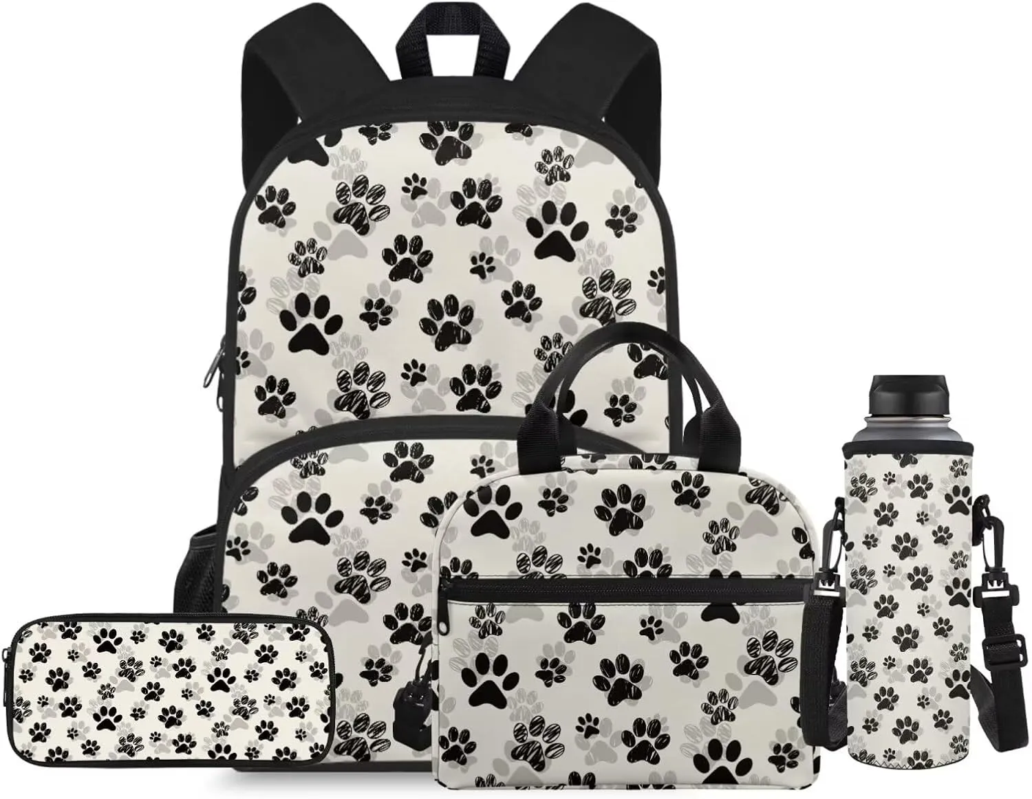 Black Paw Prints Backpacks with Lunchboxes for Girls Kids Backpacks for School Girls Bento Lunch Box Containers Pencil Bag Case Holder Water Bottle Cover Backpack Set 4 In 1
