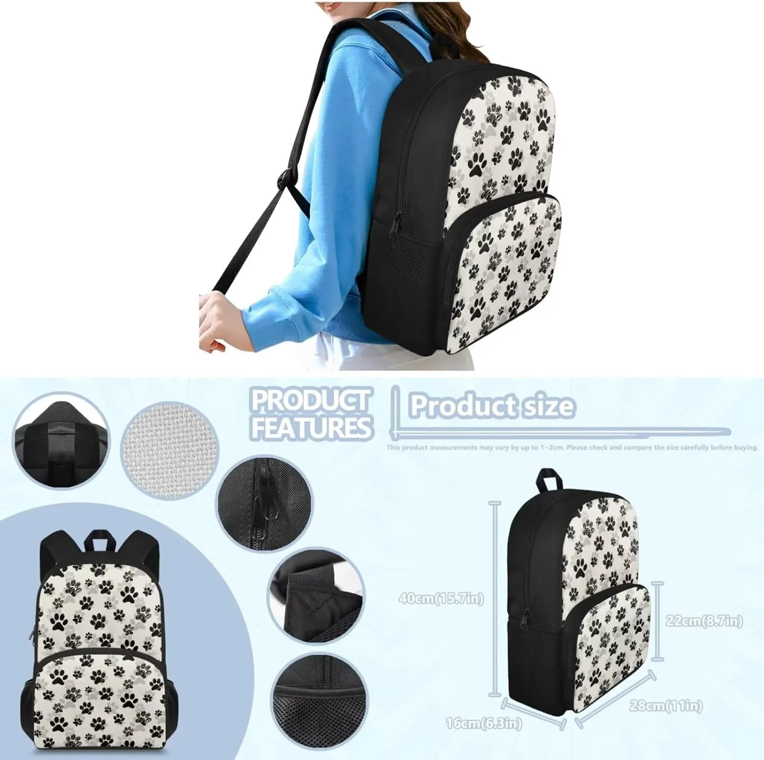 Black Paw Prints Backpacks with Lunchboxes for Girls Kids Backpacks for School Girls Bento Lunch Box Containers Pencil Bag Case Holder Water Bottle Cover Backpack Set 4 In 1