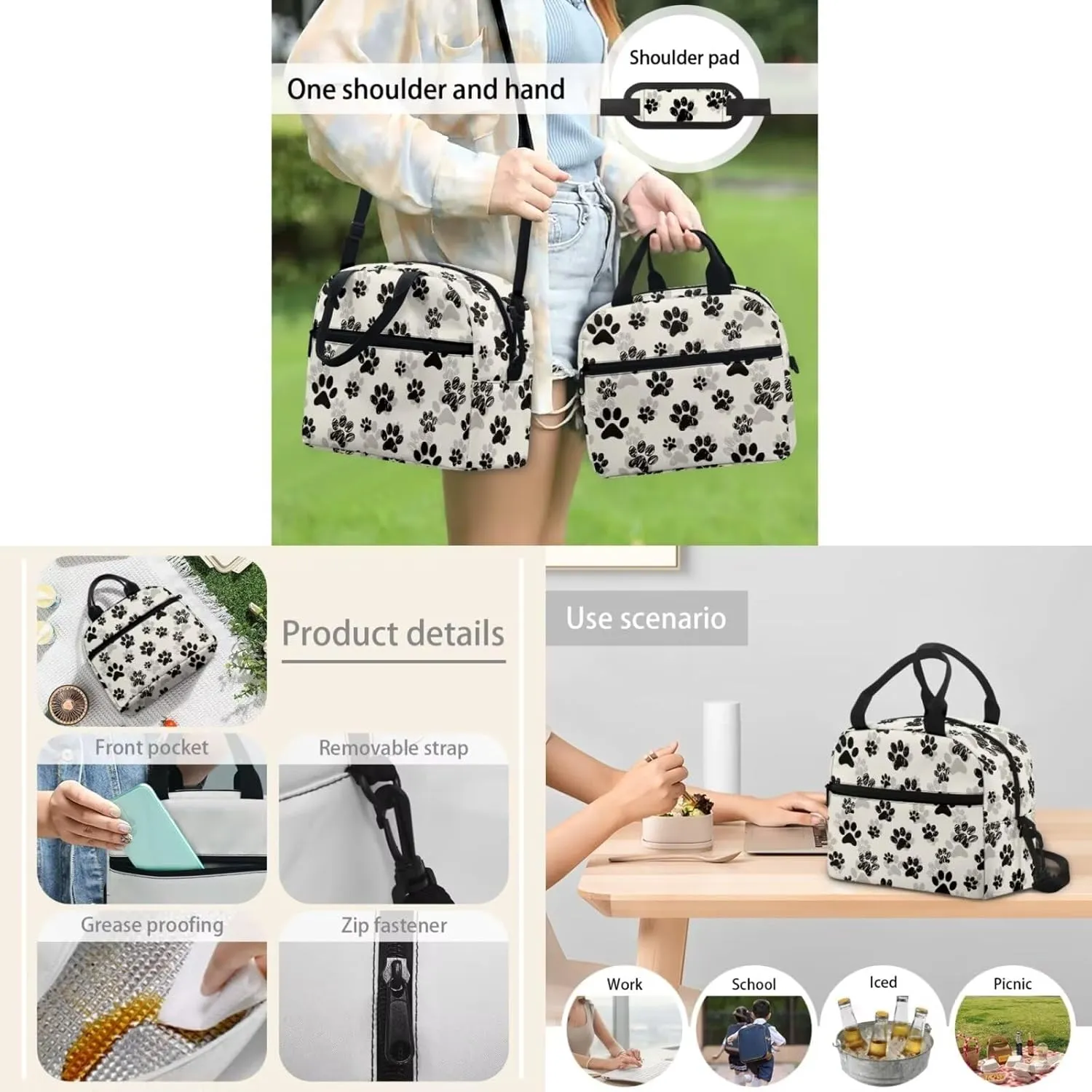 Black Paw Prints Backpacks with Lunchboxes for Girls Kids Backpacks for School Girls Bento Lunch Box Containers Pencil Bag Case Holder Water Bottle Cover Backpack Set 4 In 1