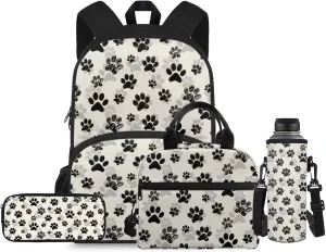 Black Paw Prints Backpacks with Lunchboxes for Girls Kids Backpacks for School Girls Bento Lunch Box Containers Pencil Bag Case Holder Water Bottle Cover Backpack Set 4 In 1