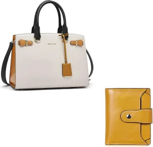 BOSTANTEN Women Leather Handbag Designer Satchel Purses Top Handle Shoulder Totes Crossbody Bag Bundle with Women Leather Wallet RFID Blocking Small Bifold Zipper Pocket Wallet Card Case Purse with ID