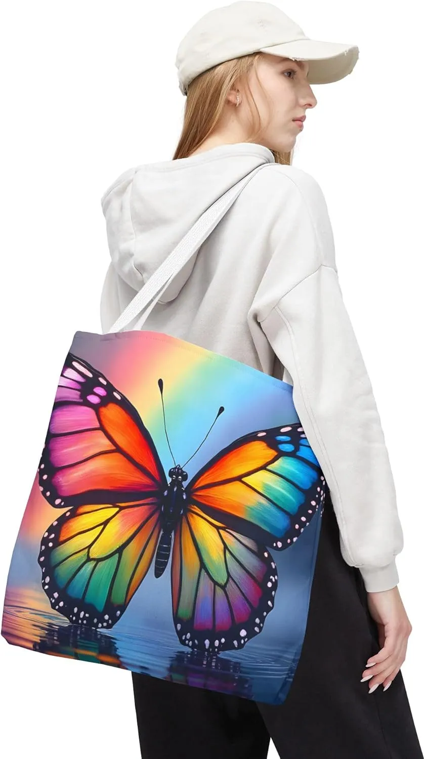 Butterfly Tote Bag- Rainbow Monarch Beach Bag for Girls Pretty Colorful Reusable Shopping Bags Fun Kids Travel Totes