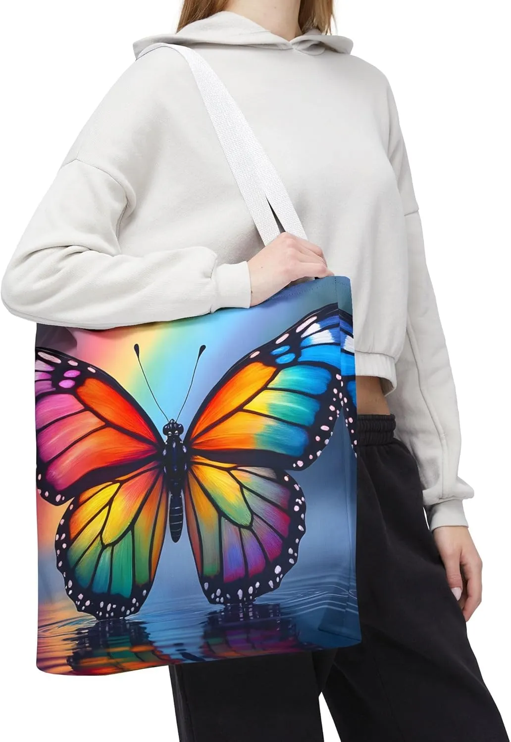 Butterfly Tote Bag- Rainbow Monarch Beach Bag for Girls Pretty Colorful Reusable Shopping Bags Fun Kids Travel Totes