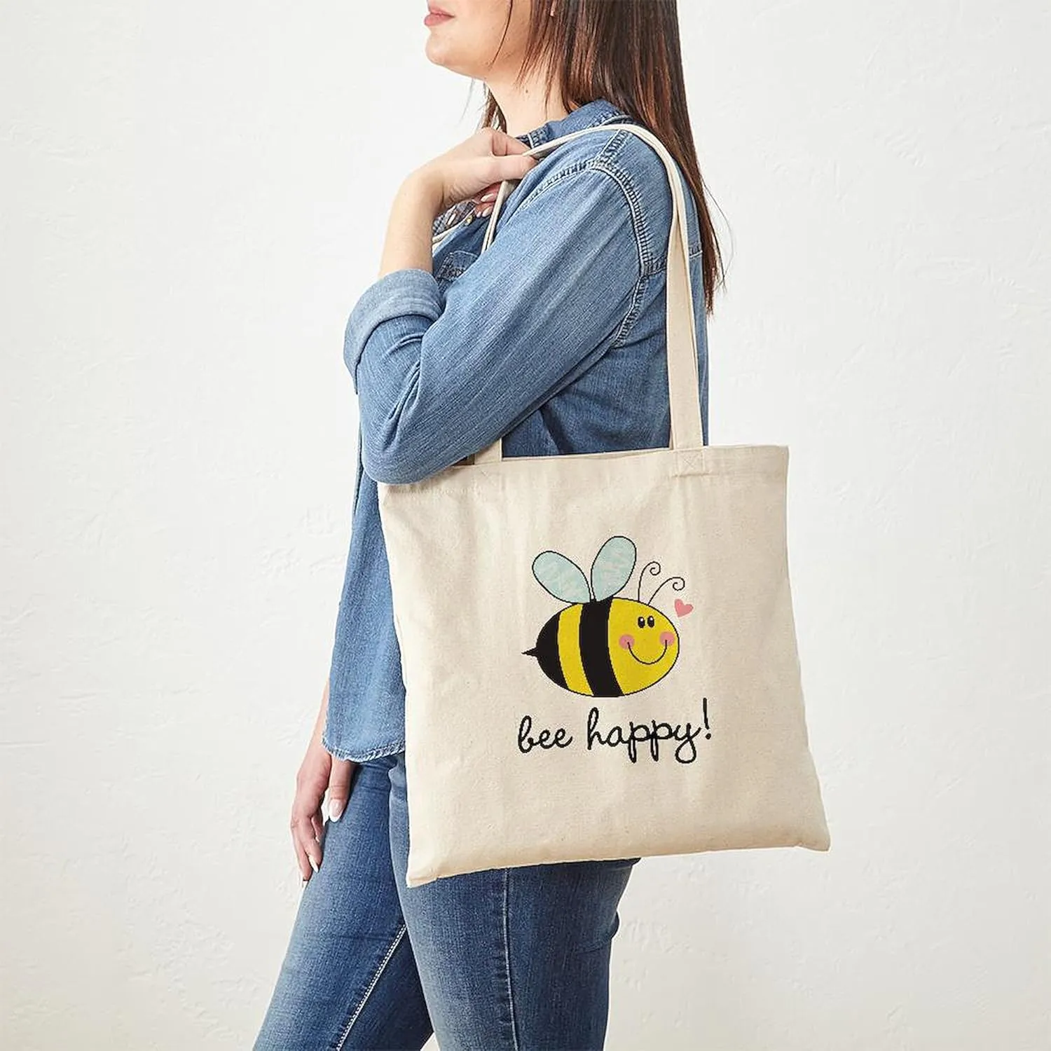 CafePress Bee Happy Tote Bag Natural Canvas Tote Bag, Reusable Shopping Bag