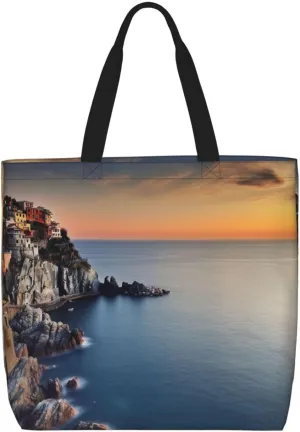Canvas Tote Bag for Women Shoulder Tote Purse Reusable Grocery Bag Italy Sea at Sunset Aesthetic Shopping Bags
