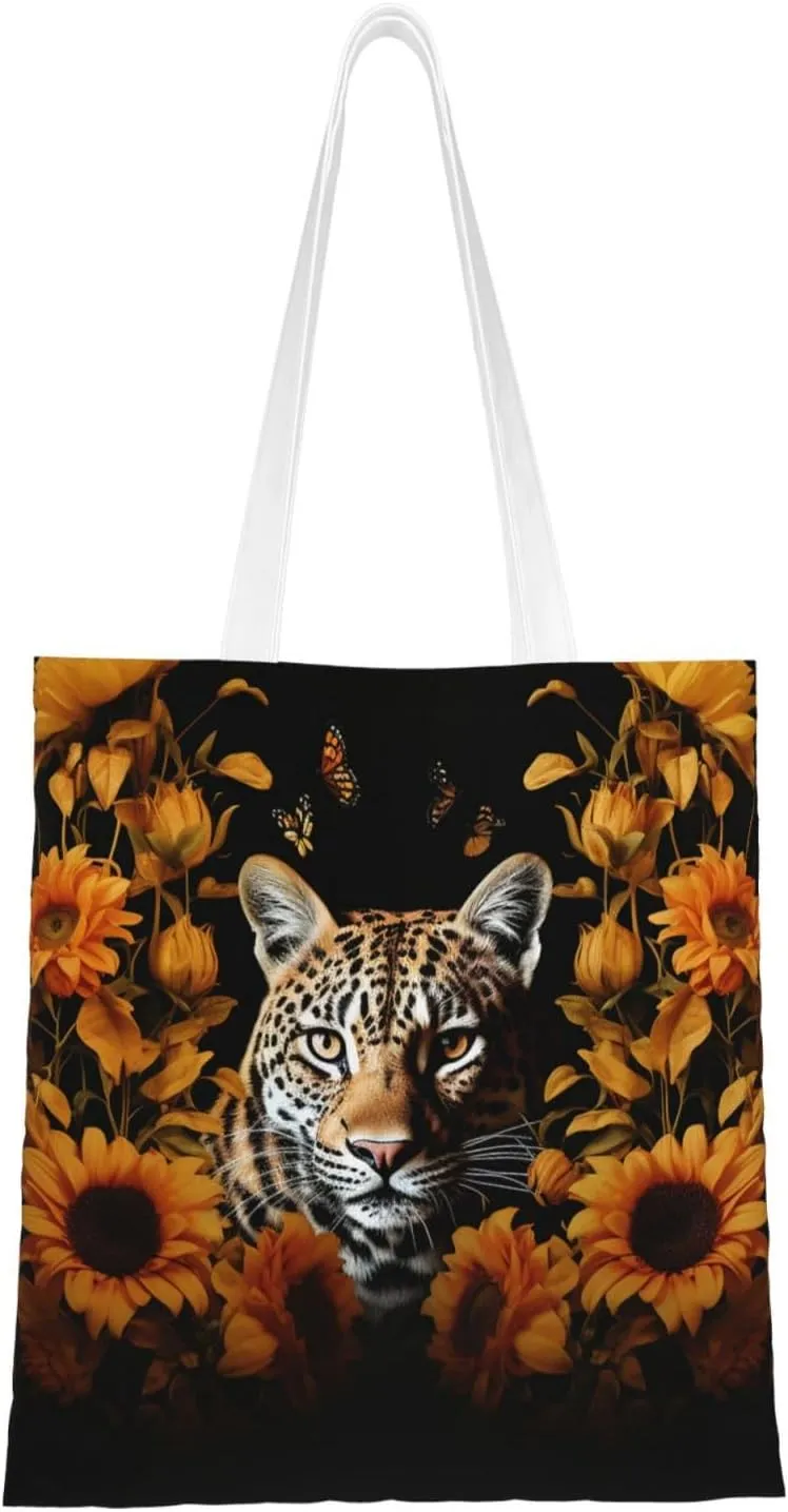 Canvas Tote Bag for Women Shoulder Tote Purse Reusable Grocery Bag Leopard and sunflower Aesthetic Shopping Bags