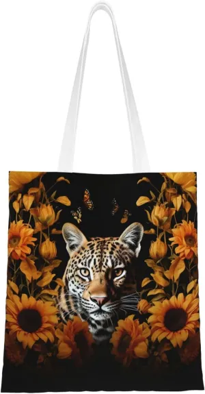Canvas Tote Bag for Women Shoulder Tote Purse Reusable Grocery Bag Leopard and sunflower Aesthetic Shopping Bags
