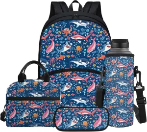 Cartoon Ocean Animals Backpack for Girls Back to School Shoulder Bookbags 17 Inch Bookbag, Insulated Thermal Lunch Totes,Pencil Holder,Cooler Water Bottle Sleeve, 4pcs/set