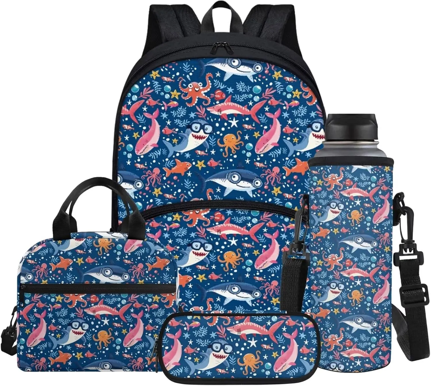 Cartoon Ocean Animals Backpack for Girls Back to School Shoulder Bookbags 17 Inch Bookbag, Insulated Thermal Lunch Totes,Pencil Holder,Cooler Water Bottle Sleeve, 4pcs/set