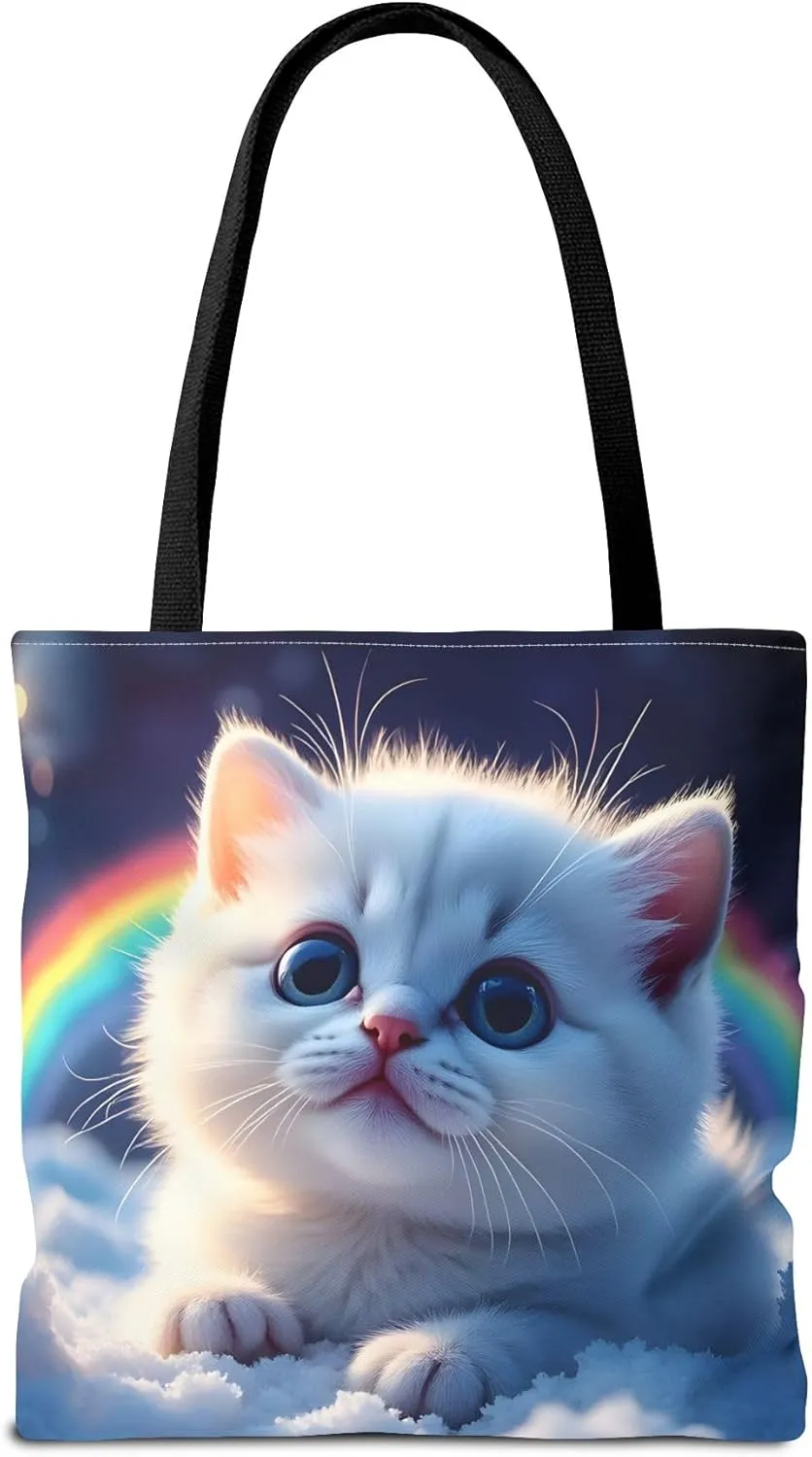 Cat Tote Bag- Rainbow Kitten Beach Bag for Girls, Pretty Cute Colorful Kitty Reusable Shopping Bags, Fun Kids Travel Totes