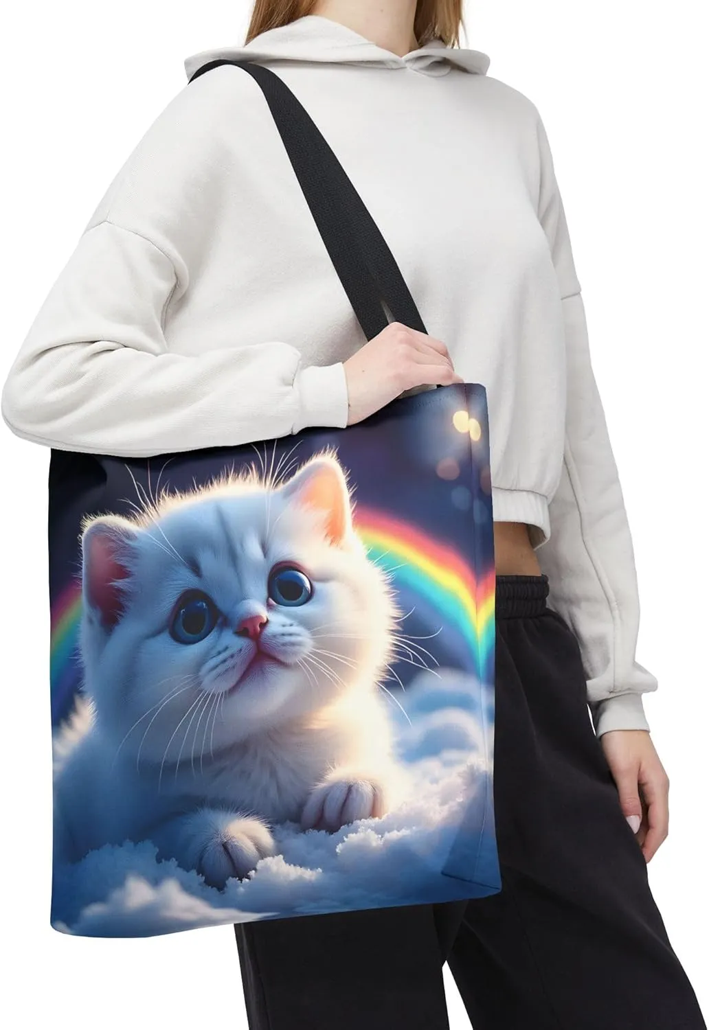 Cat Tote Bag- Rainbow Kitten Beach Bag for Girls, Pretty Cute Colorful Kitty Reusable Shopping Bags, Fun Kids Travel Totes
