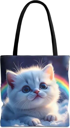 Cat Tote Bag- Rainbow Kitten Beach Bag for Girls, Pretty Cute Colorful Kitty Reusable Shopping Bags, Fun Kids Travel Totes