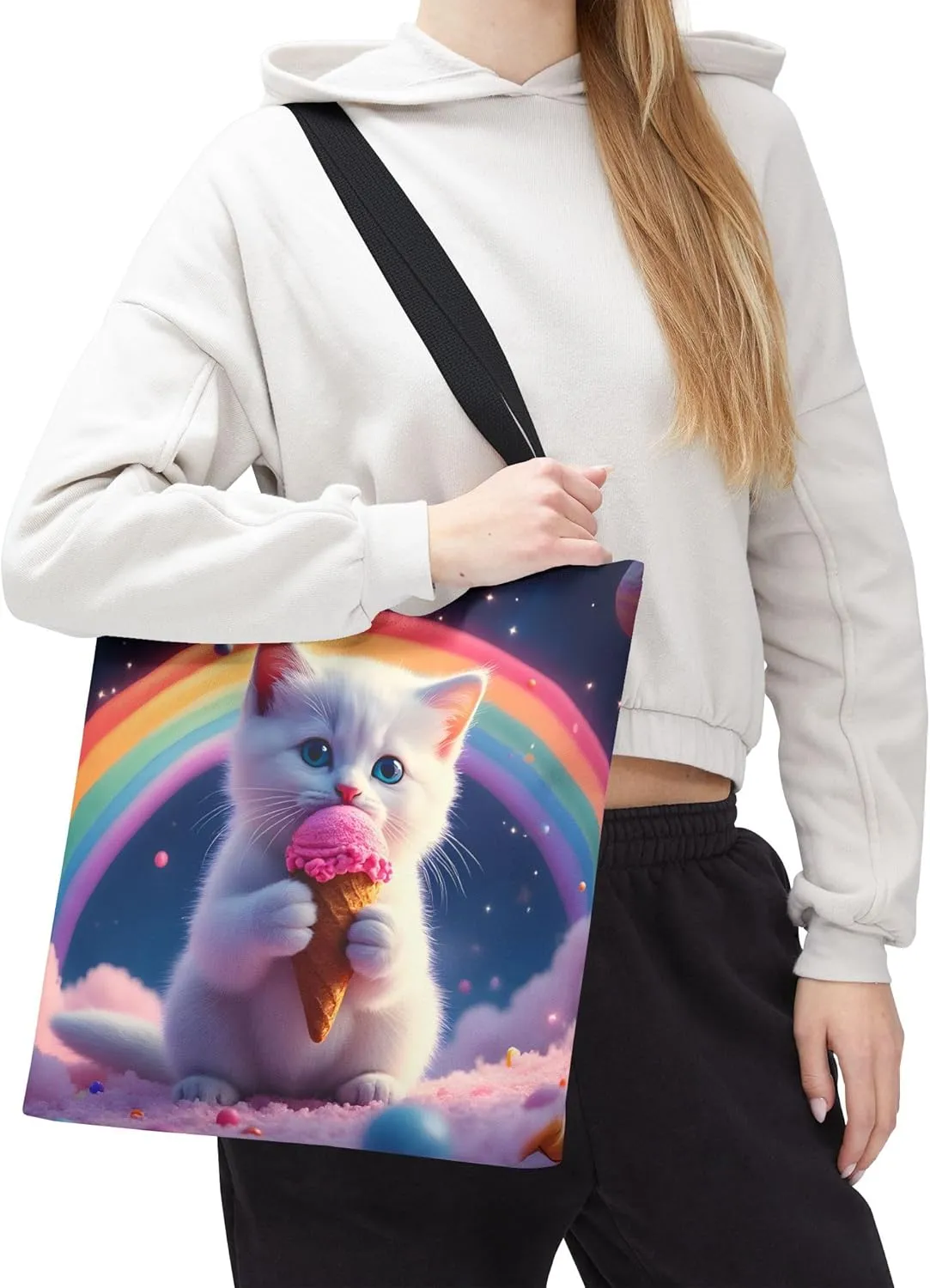 Cat Tote Bag- Rainbow Kitten Beach Bag for Girls, Pretty Cute Colorful Reusable Shopping Bags, Fun Kids Travel Totes