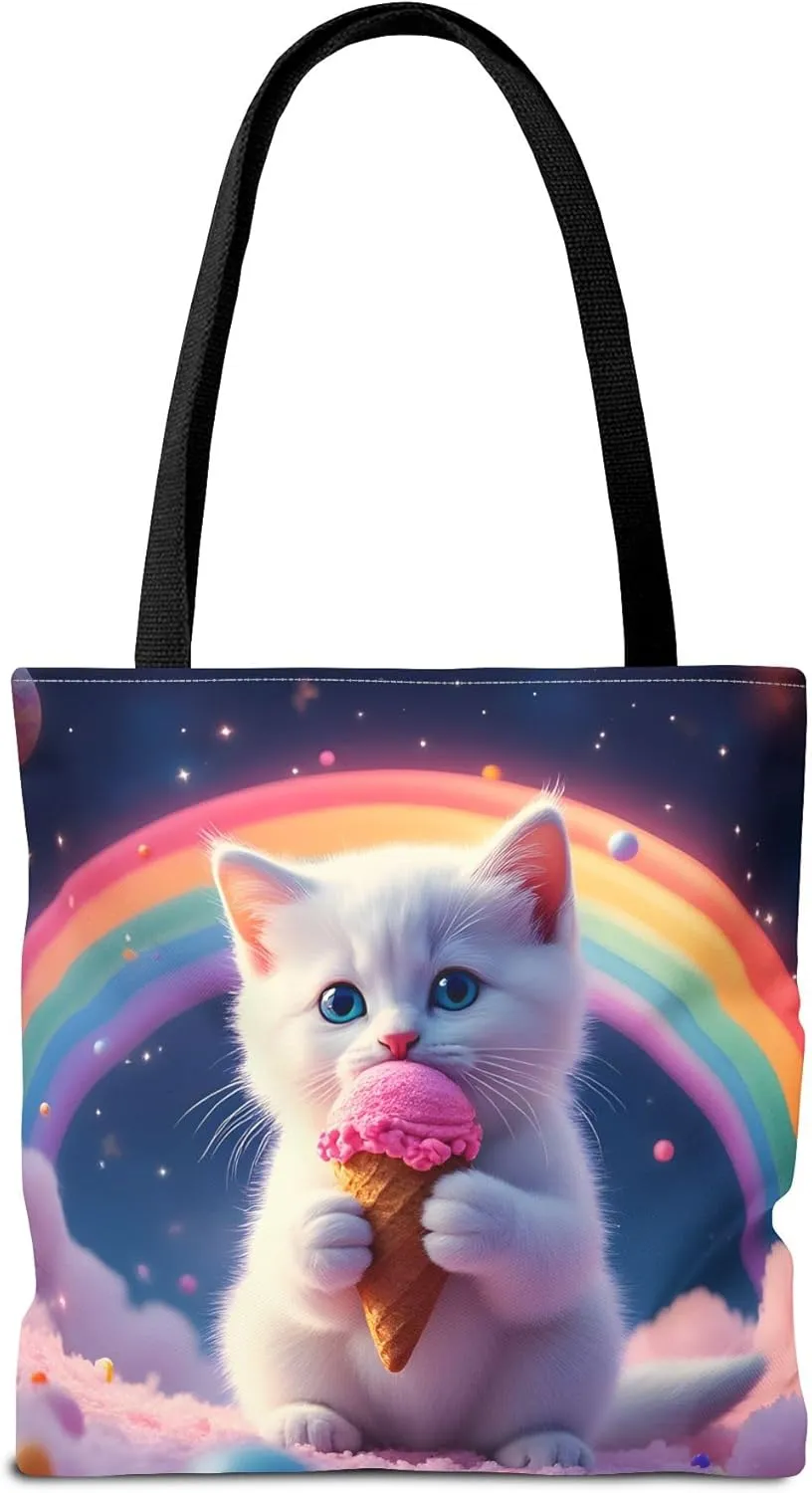 Cat Tote Bag- Rainbow Kitten Beach Bag for Girls, Pretty Cute Colorful Reusable Shopping Bags, Fun Kids Travel Totes