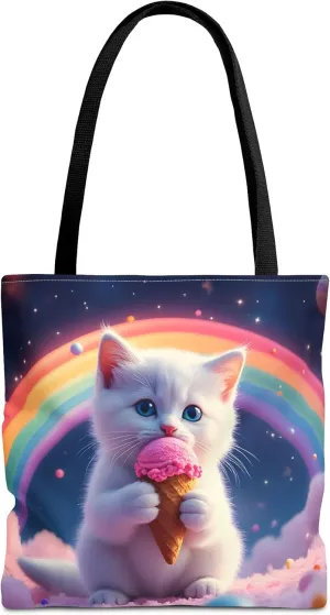 Cat Tote Bag- Rainbow Kitten Beach Bag for Girls, Pretty Cute Colorful Reusable Shopping Bags, Fun Kids Travel Totes