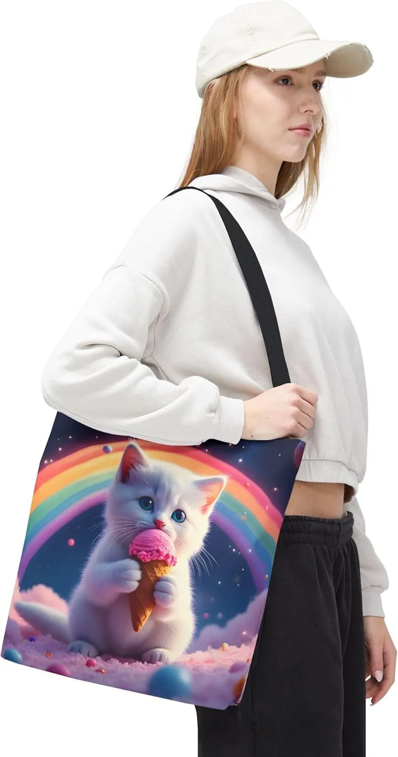 Cat Tote Bag- Rainbow Kitten Beach Bag for Girls, Pretty Cute Colorful Reusable Shopping Bags, Fun Kids Travel Totes