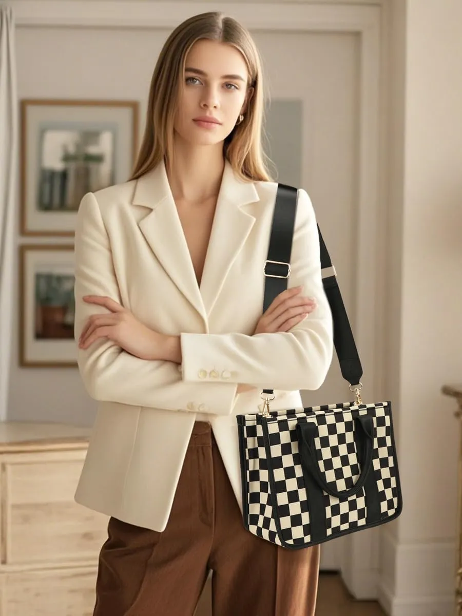 Checkered Crossbody Bag Women Canvas Tote Handbag Checkered Purse Satchels Hobo Bags Slouchy Shoulder Bag for Work Travel